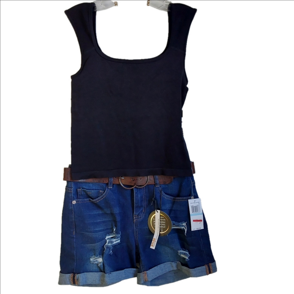 Black Planet Heart Tank Top L and Dollhouse Boyfriend Denim Shorts 5/6 Set